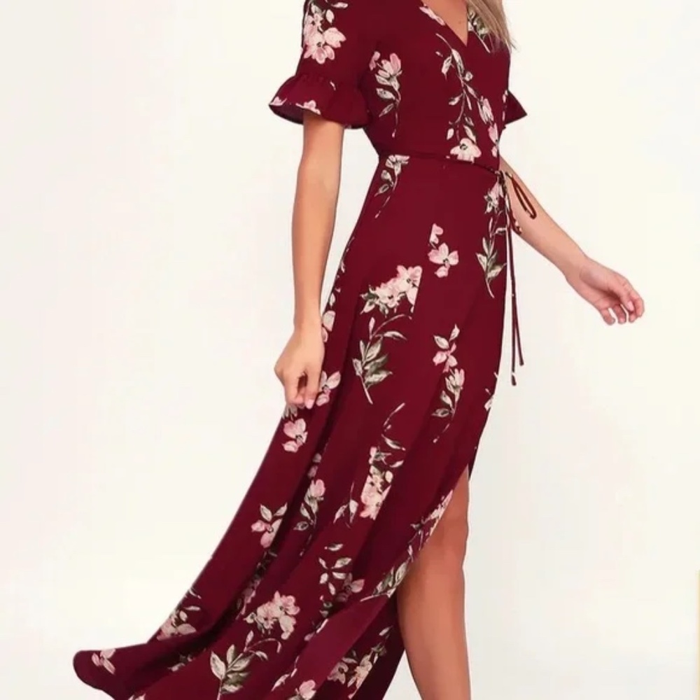 Lulu's September Sunsets Burgundy Floral Print Wrap Maxi Dress Size X-Small